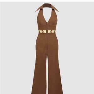 NWT Cider Floral Trim Corduroy Halter 70s Jumpsuit Size M